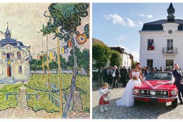 Van Gogh painting left, wedding on right
